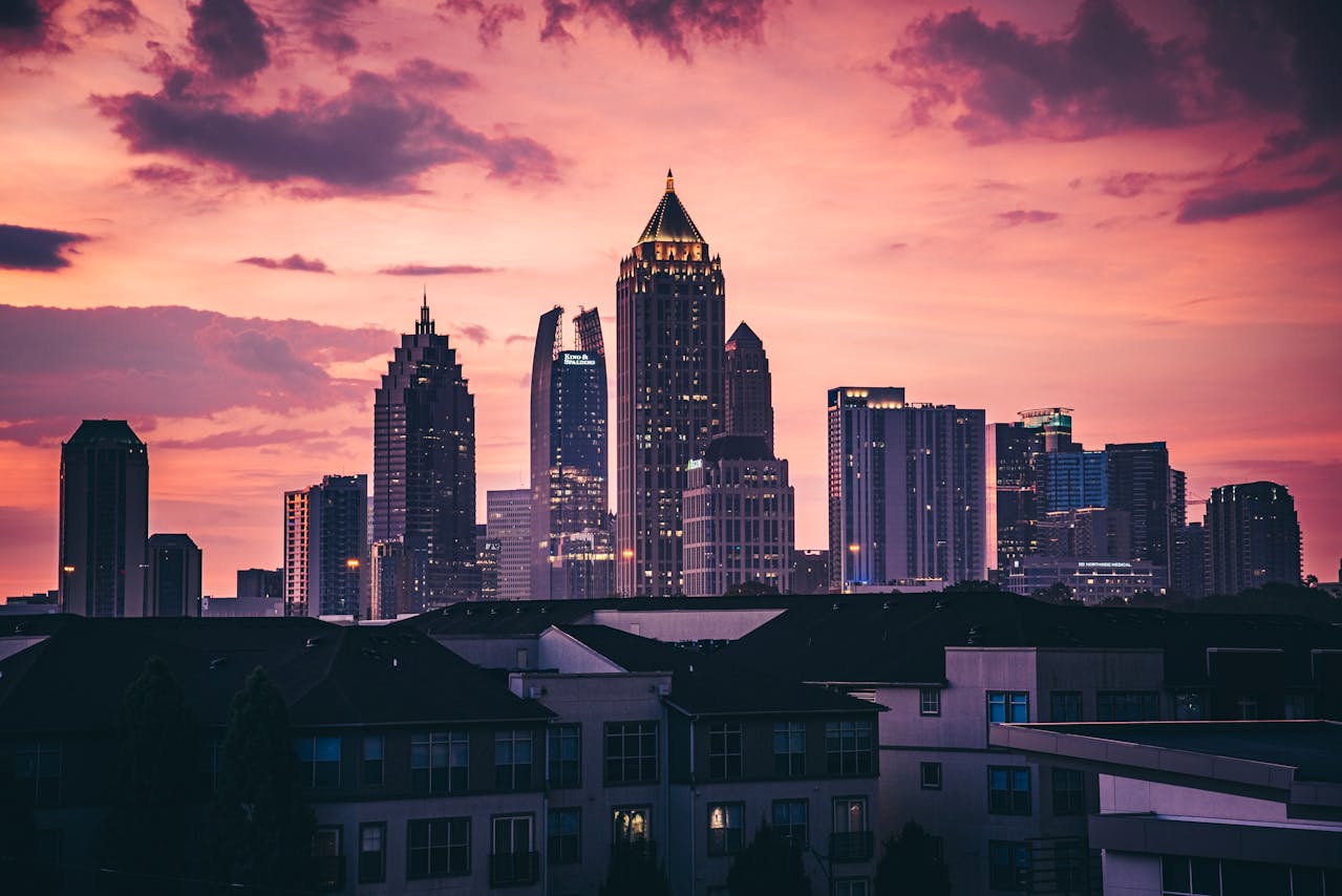 The city of Atlanta, Georgia at sunset, which is a great place for a Georgia bank statement loan.