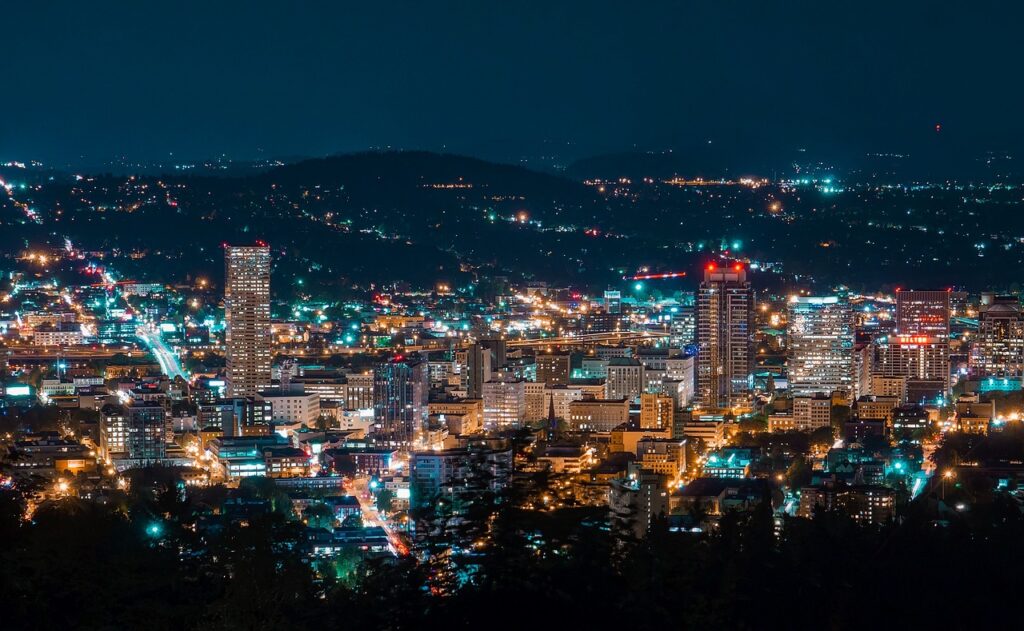 A night time view of Portland, a great city to get an Oregon bank statement loan.