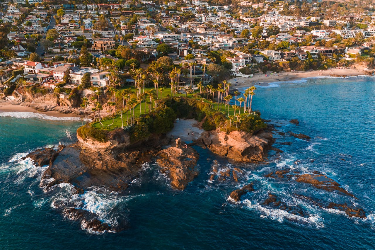 An aerial view of the coast of Orange County, a great place to get a California interest-only mortgage.