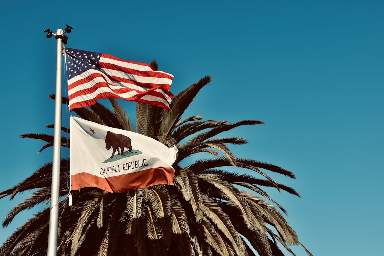 The U.S. and California flag flying next to a palm tree to represent getting foreign national loans California.