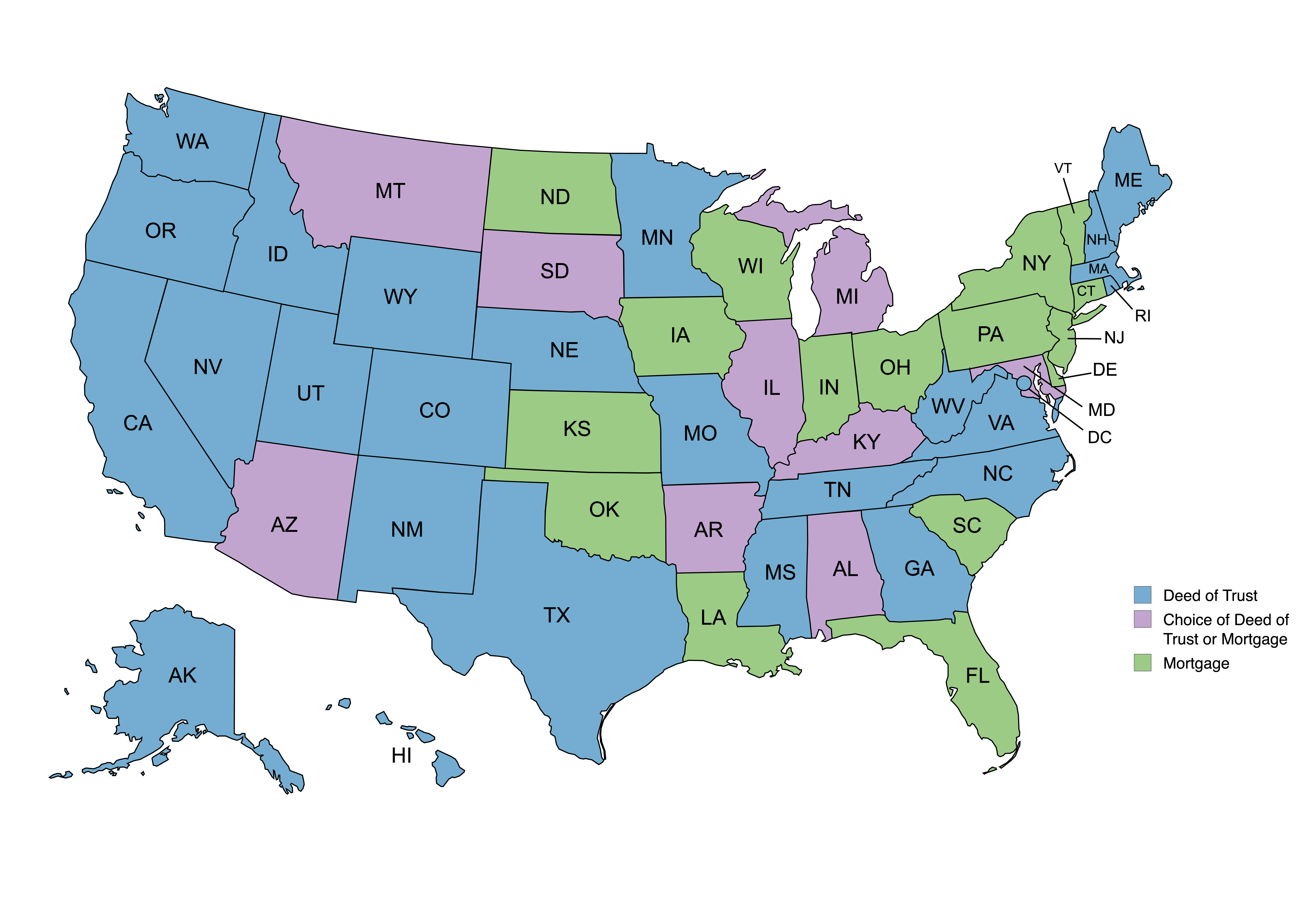 A map of which states use a deed of trust vs mortgage